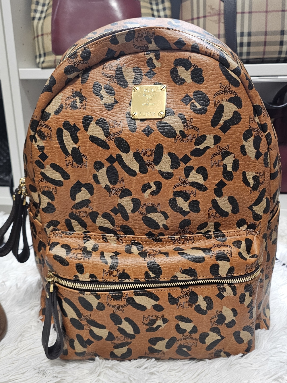MCM Leopard-Print Visetos Backpack in Cognac and Black - Picture 1 of 7